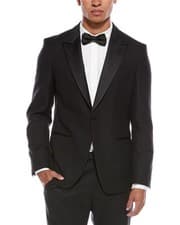 Image of Hugo Boss Hutson 42 R Black Textured Wool Blend Slim Fit Black Tuxedo Jacket