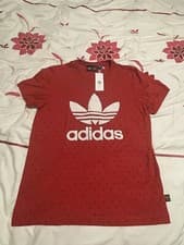 Image of Adidas x Pharrell Williams Boyfriend AOP Logo T-Shirt - Red - Size UK 14 - NWT