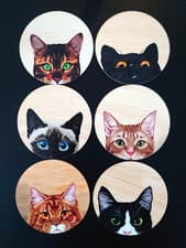 Image of Cat Picture Coasters - Various Cats - Set of 6 - 10cms across - Wooden