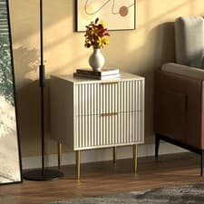 Image of White Wooden 2 Drawer Chic Fluted Bedside End Sofa Table Nightstand Room Home