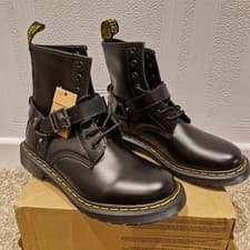 Image of Dr Martens 1460 Harness Lace Buckle Black Smooth Leather Boots. Size UK 6.5