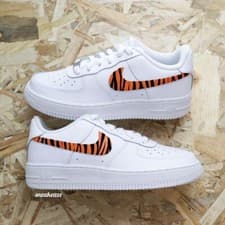 Image of Air Force 1 Low Custom White Shoes Orange Safari Zebra Black Stripe Swooshes