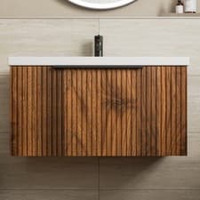 Image of Fluted 800mm Bathroom Vanity Unit Basin Wall Hung Cupboard Soft Close Walnut