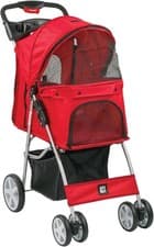 Image of KCT Hooded Foldable Pet Dog Cat Stroller Red- 4 Wheel Travel Carriage with
