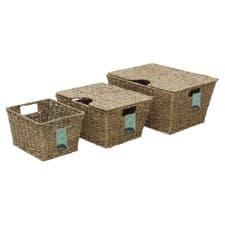 Image of JVL Seagrass Set of 3 Rectangular Lidded Storage Storage Baskets, Natural…