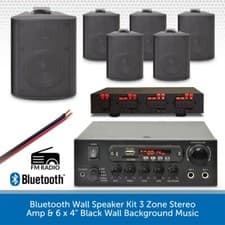 Image of Bluetooth Wall Speaker Kit 3 Zone Stereo Amp & 6x 4" Black Wall Background Music