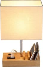 Image of USB Bedside Table Lamp with 3 USB Ports Phone Dock Wood Charging Station