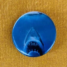 Image of Jaws Handmade 25mm Pin Badge Shark Horror 70s Film Steven Spielberg