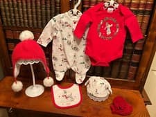 Image of Newborn Baby 6 Piece Peter Rabbit Christmas Babygrow Hats Bib Bundle - New