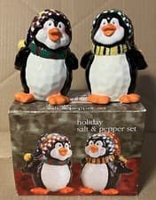 Image of Ceramic Penguin Figurines Salt & Pepper Shaker Set Christmas Holiday Tableware