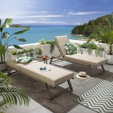 Image of Set of 2 Outdoor Garden Loungers Cushioned Sun Loungers Beige Aluminium