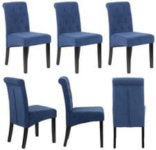 Image of set of  6 Velvet Dining Chairs Button detail Scroll top Beige Grey Blue Back