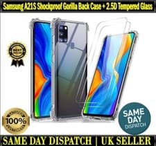Image of Samsung A21S Shockproof Protective Gorilla Clear Back Case Cover, Tempered Glass