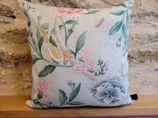 Image of Sanderson Porcelain Garden Linen Birds Fabric & Duck Egg Velvet Cushion Cover A