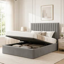 Image of Low Profile Ottoman Storage bed Frame Upholstered Plush Velvet - Lined Headboard