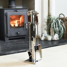 Image of Contemporary Stainless Steel and Wooden Four Piece Fireside Companion Set - 62cm