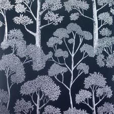 Image of Arthouse Navy & Silver Shimmer Metallic Tree Design Wallpaper 909506
