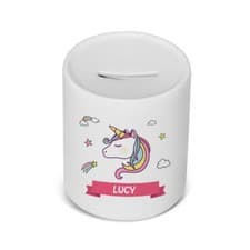 Image of PERSONALISED Ceramic Children’s money / saving box in Rainbow Unicorn Gift
