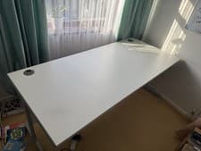 Image of Modern Rectangular Office Bench Desk White, Straight Metal Legs