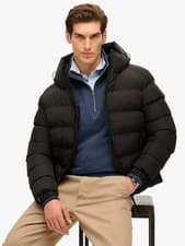 Image of Mens Superdry Black Hooded Sports Water-Repellent Puffer Coat Jacket rrp £95