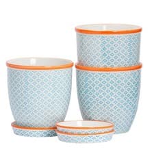 Image of Hand-Printed Plant Pots with Saucers - 20.5cm - Blue - Pack of 3