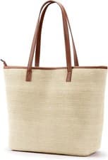 Image of KALIDI Straw Tote Beach Bag Striped Shoulder Handbag Stitch Woven PU Leather