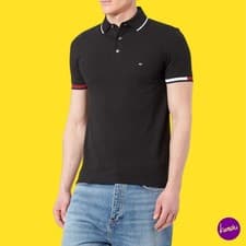 Image of TOMMY HILFIGER Men's Flag Cuff Slim Fit Polo Shirt, Organic Cotton, Black, UK M