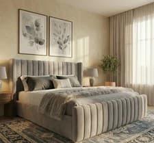 Image of Winged Upholstered Bed Frame Plush Velvet and Naples Fabric Double & King Size