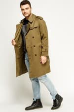 Image of Mens VTG Military Green Knee Long Trench Lapel Belt Lined Coat 40's Jacket S M L