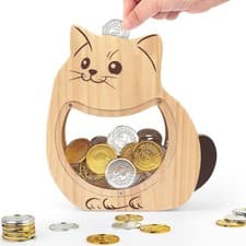 Image of Wooden Money Box with Clear Acrylic Window, Adorable Cat Piggy Bank for Kids