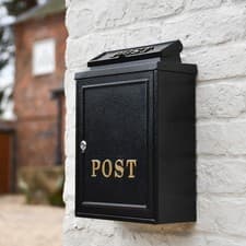 Image of 'Norfolk' Black Wall Mounted Post Box with Gold Text - Lockable Letter Box
