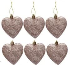 Image of 6Pk Heart Baubles Christmas Tree Decorations Glitter & Matte Assorted Xmas