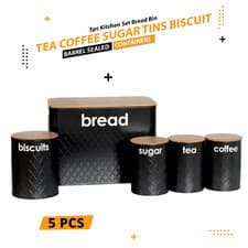 Image of 5pc Black Kitchen Storage Tins Bread Bin Canister Set with Airtight Bamboo Lid