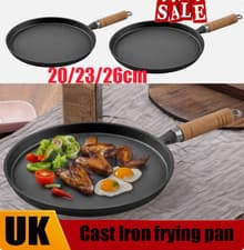 Image of Cast Iron Round Skillet Griddle Cooking Pan Pre-Seasoned Frying Pan Wood Handle