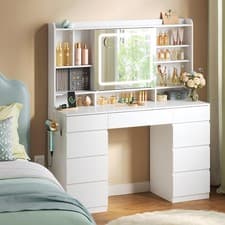 Image of White Dressing Table with LED Lights Sliding Mirror 9 Drawers Vanity Makeup Desk