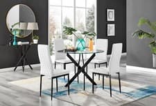 Image of NOVARA 100cm Round Glass and Black Leg Dining Table & 4 Faux Leather Chairs