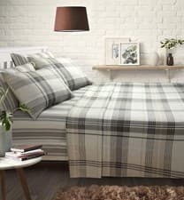 Image of 100% Pure Brushed Cotton Tartan Check Fitted Flat Sheet Pillowcase Set Blue Grey