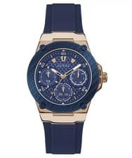 Image of Guess Women's Zena Rose Gold watch, blue dial on blue rubber strap W1094L2