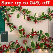 Image of Artificial Green Holly and Berry 2M Christmas Garland Party Home Xmas Decoration
