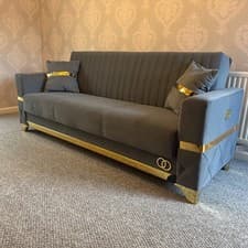 Image of Brand New 3 Seater Sofa Bed + Storage. Grey Gold Velvet. 2 pillows High Quality