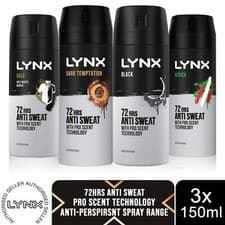 Image of Lynx 72H Anti Sweat Body Spray, Africa, Gold, Black or Dark Temptation, 3x150ml