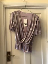Image of New Zara Woman Sparkly Mauve Metallic Style Short Sleeve Blouse Top,Med