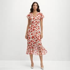 Image of SIZE 10 to 18 Ex M&S Chiffon Floral V-Neck Angel Sleeve Midi/Maxi Tea Dress