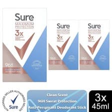 Image of Sure Women Maximum Protection Clean Scent Anti-Perspirant, 3 Pack, 45ml