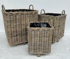 Image of Rattan Wicker Square Planter Basket Lined Outdoor Garden Patio Pot Grey & Buff