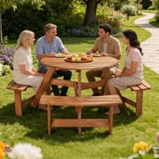 Image of Picnic Table Set With 6 Seater BBQ Beach Bench Outdoor Deck Wooden Round Brown