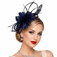 Image of Flower & Feather Fascinator Headband with Sinamay Curls for Weddings, Parties
