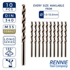 Image of Box Of 10 x DIN340 HSS Cobalt Long Series Jobber Drill Bits All Sizes M35