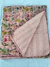 Image of Embroidered Indian Handmade pink Kantha Quilt Bedspread Blanket Cotton Throw