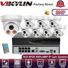 Image of NEW VIKYLIN 8CH 8POE NVR Security Systems Turret IR30M 8MP 4K IP CAMERA MIC Lot